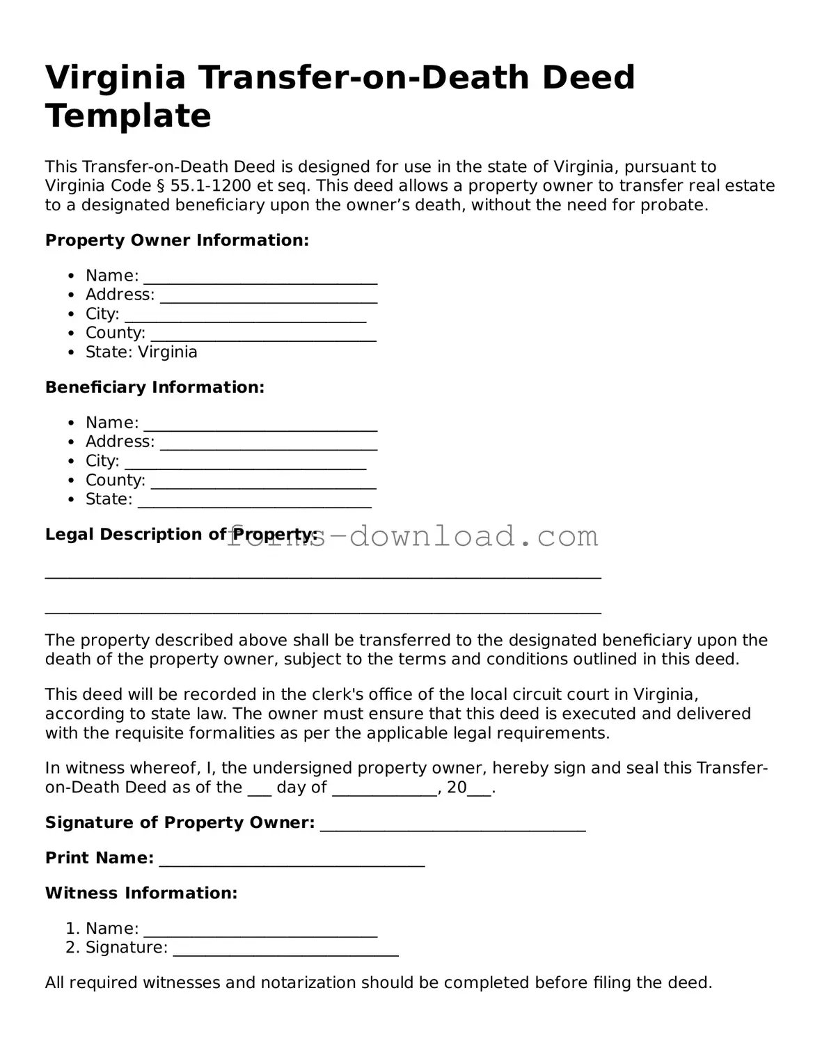 Attorney-Approved Transfer-on-Death Deed Document for the State of Virginia