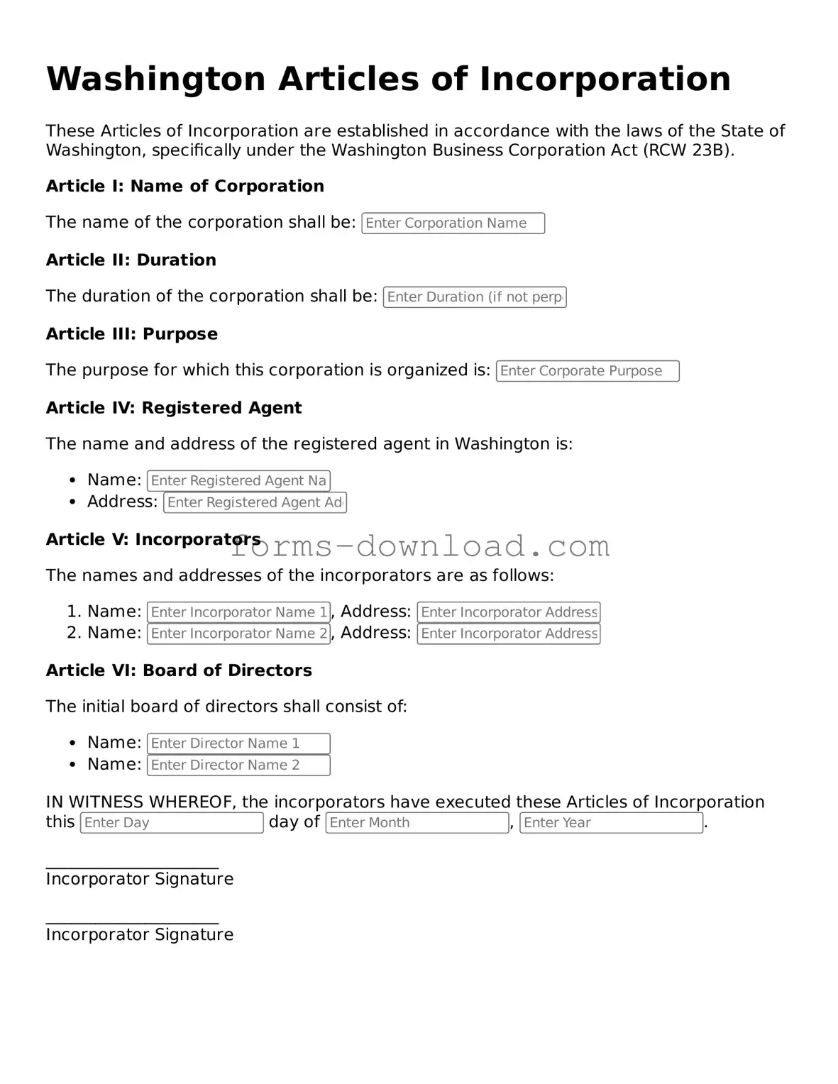 Attorney-Approved Articles of Incorporation Document for the State of Washington
