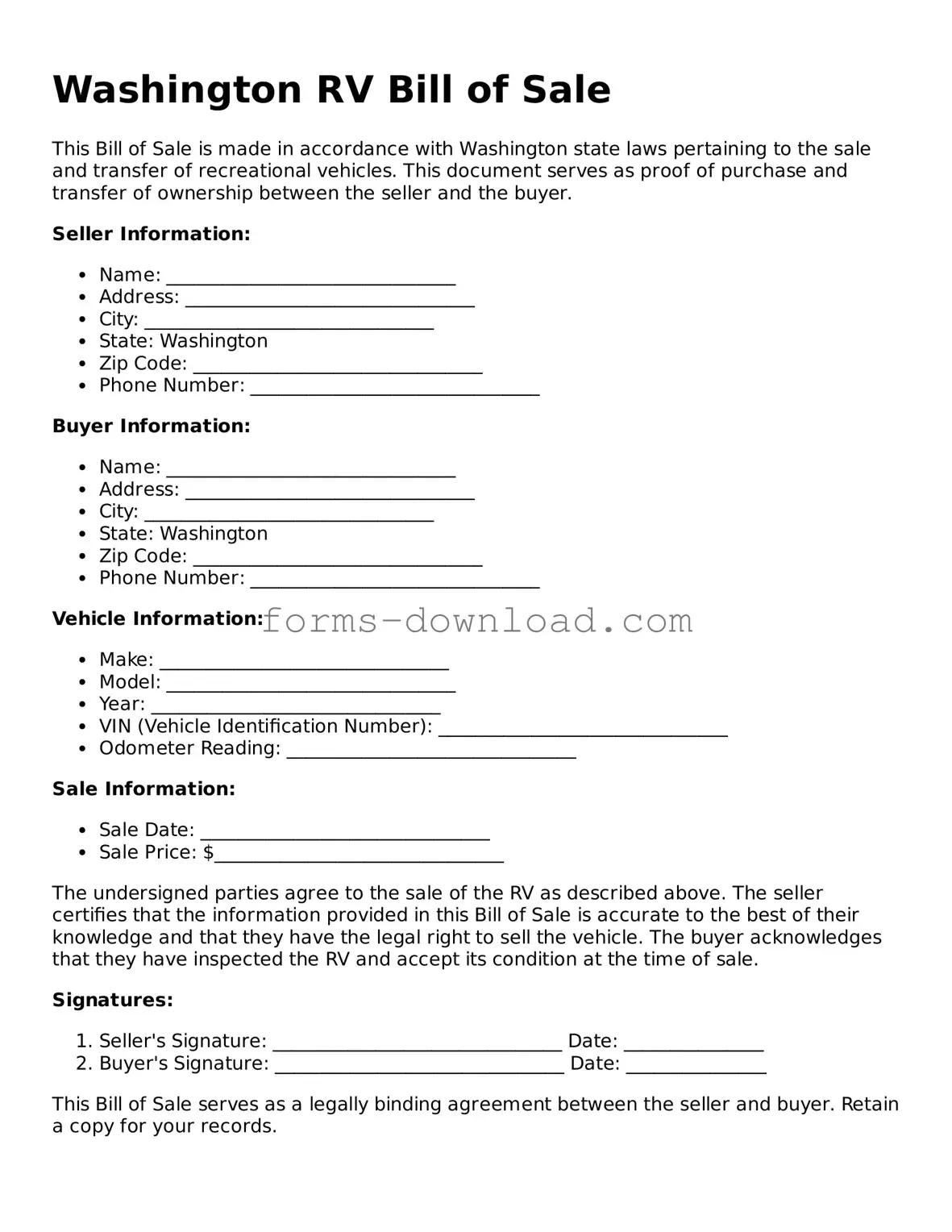 Attorney-Approved RV Bill of Sale Document for the State of Washington