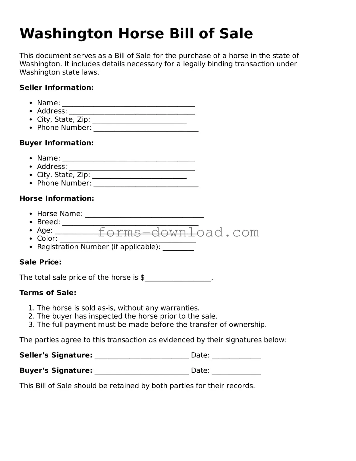 Attorney-Approved Horse Bill of Sale Document for the State of Washington