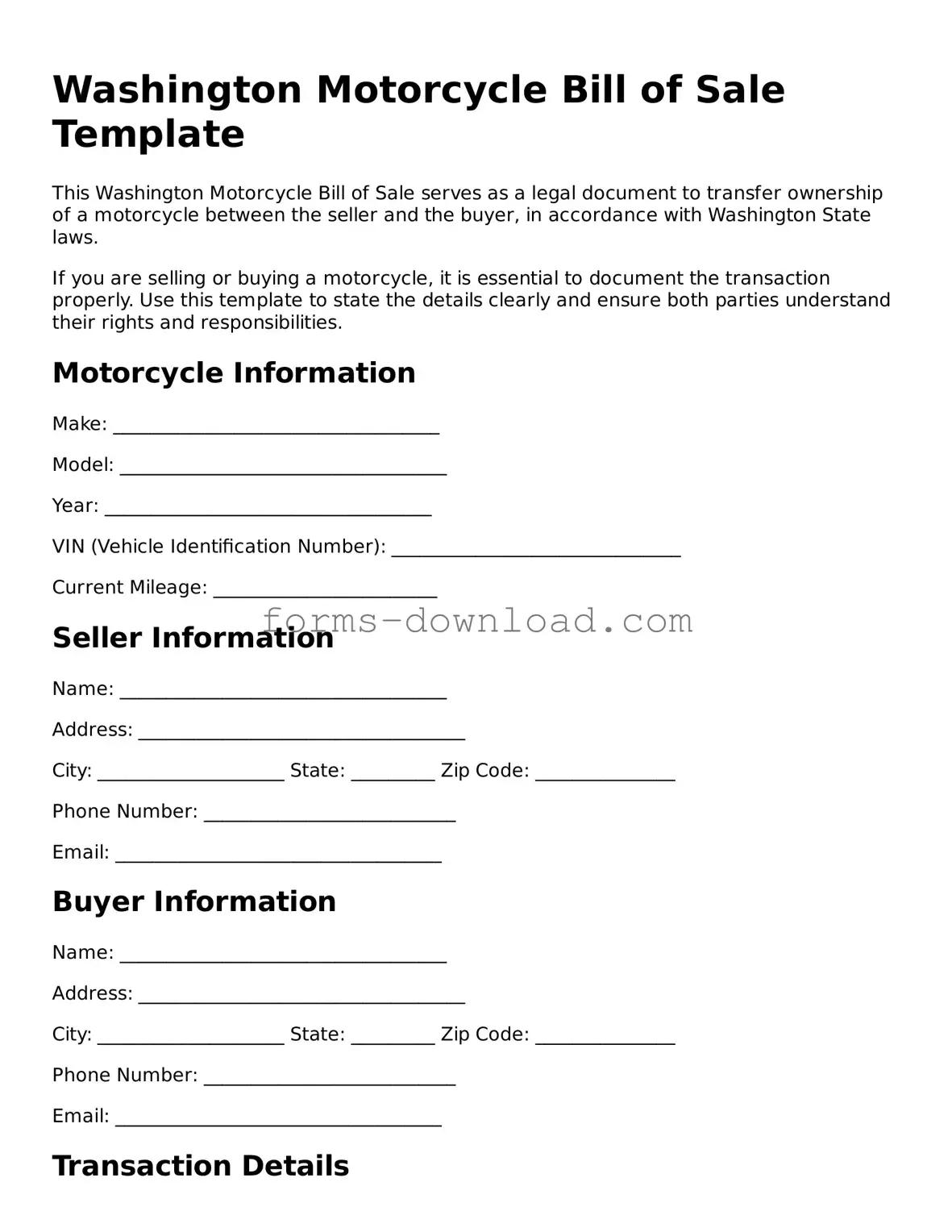 Attorney-Approved Motorcycle Bill of Sale Document for the State of Washington