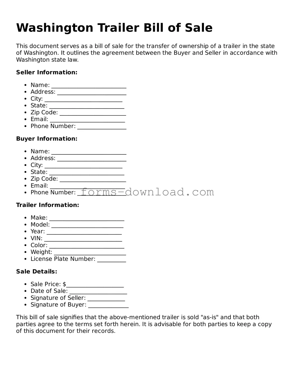 Attorney-Approved Trailer Bill of Sale Document for the State of Washington