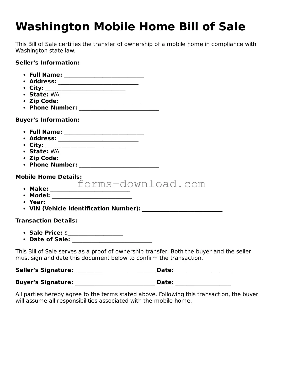 Attorney-Approved Mobile Home Bill of Sale Document for the State of Washington
