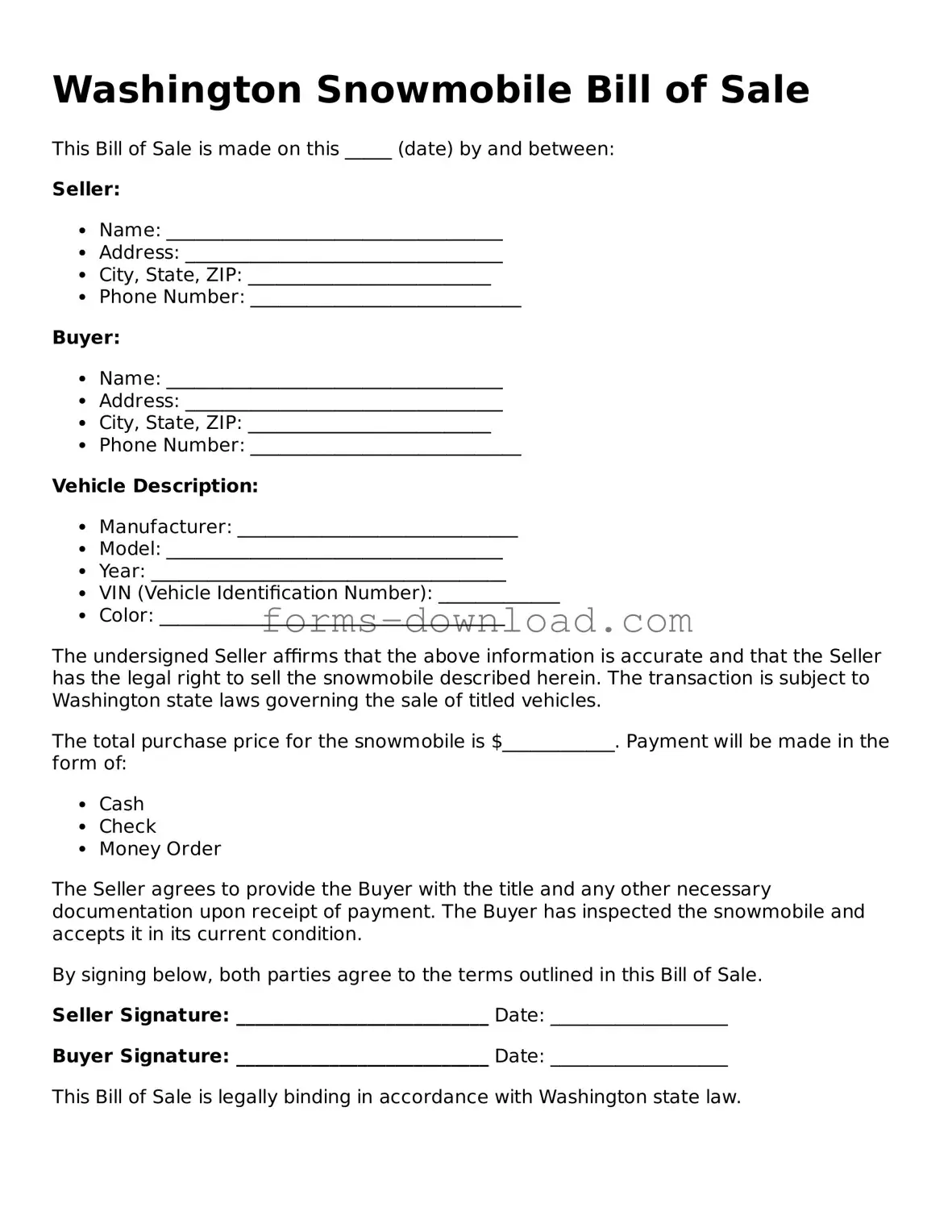 Attorney-Approved Snowmobile Bill of Sale Document for the State of Washington