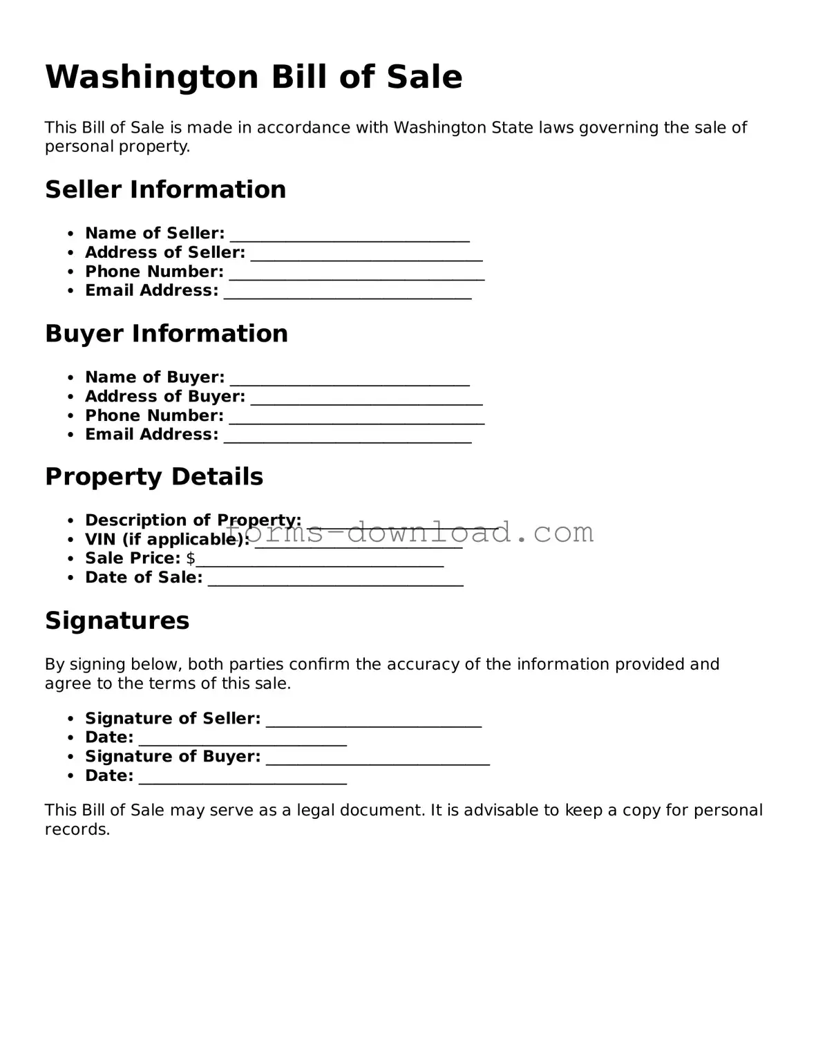 Attorney-Approved Bill of Sale Document for the State of Washington