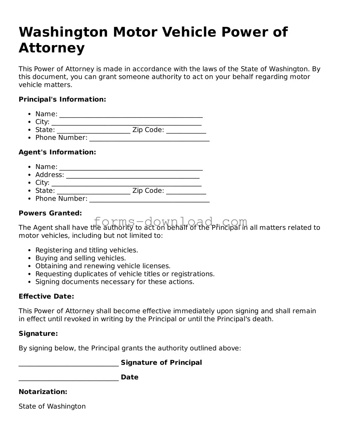 Attorney-Approved Motor Vehicle Power of Attorney Document for the State of Washington