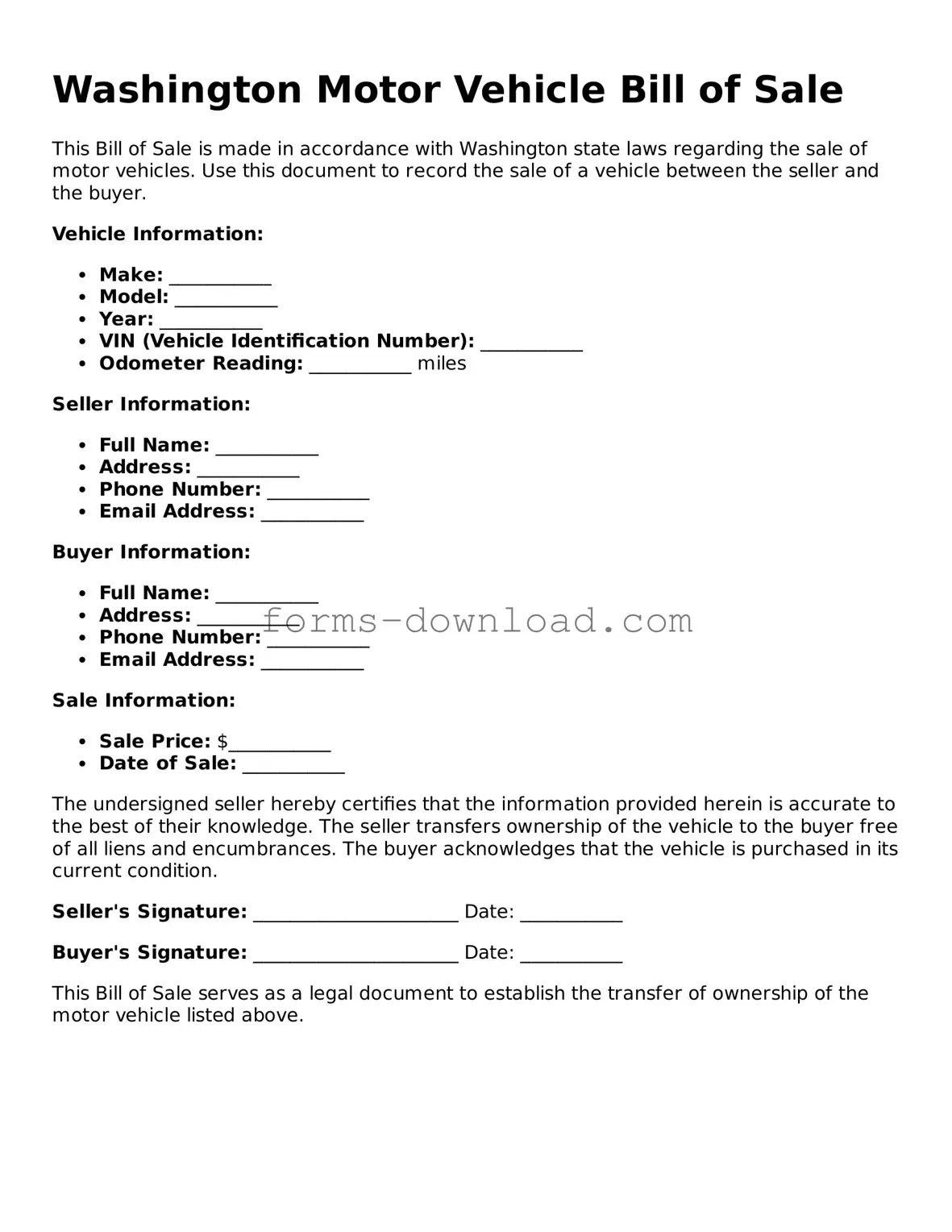 Attorney-Approved Motor Vehicle Bill of Sale Document for the State of Washington