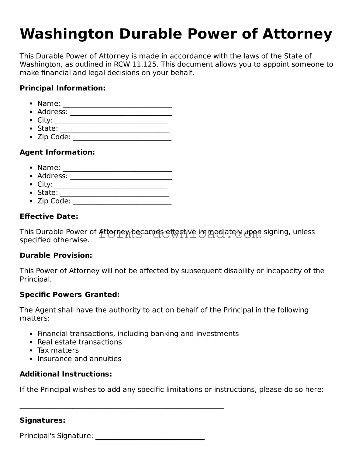 Attorney-Approved Durable Power of Attorney Document for the State of Washington