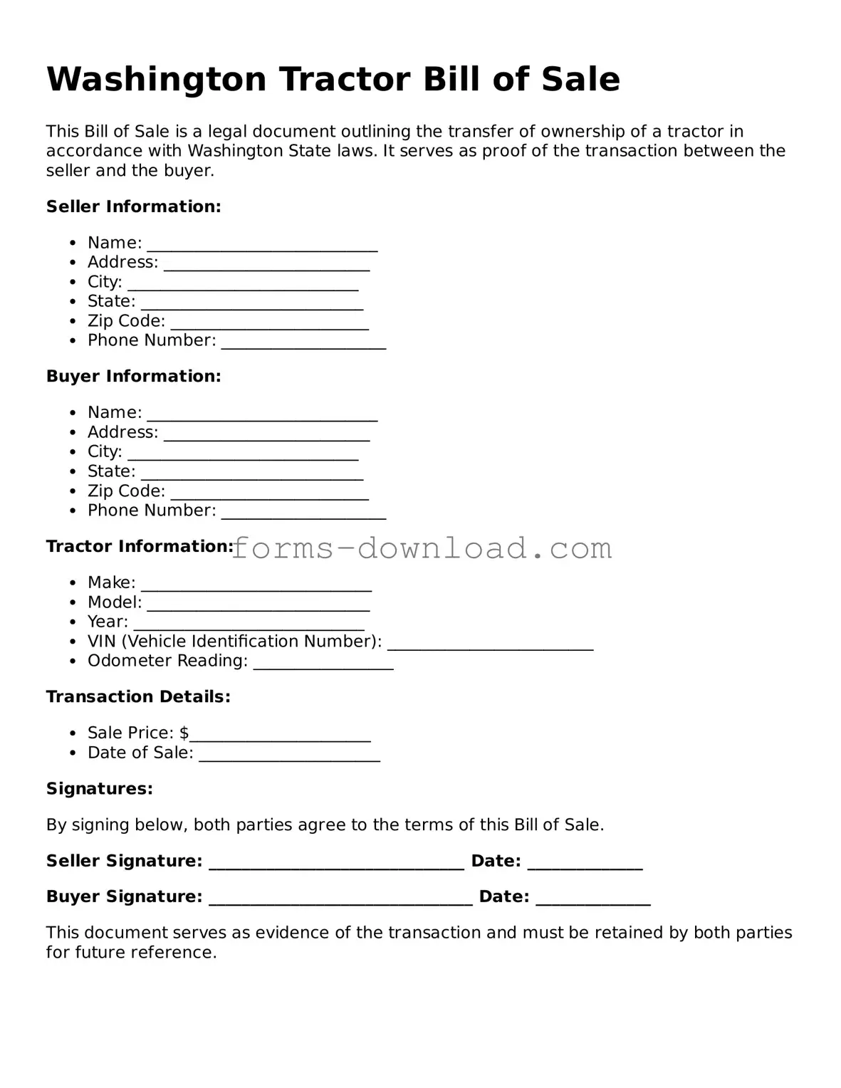 Attorney-Approved Tractor Bill of Sale Document for the State of Washington