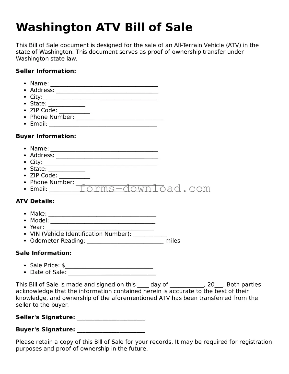 Attorney-Approved ATV Bill of Sale Document for the State of Washington