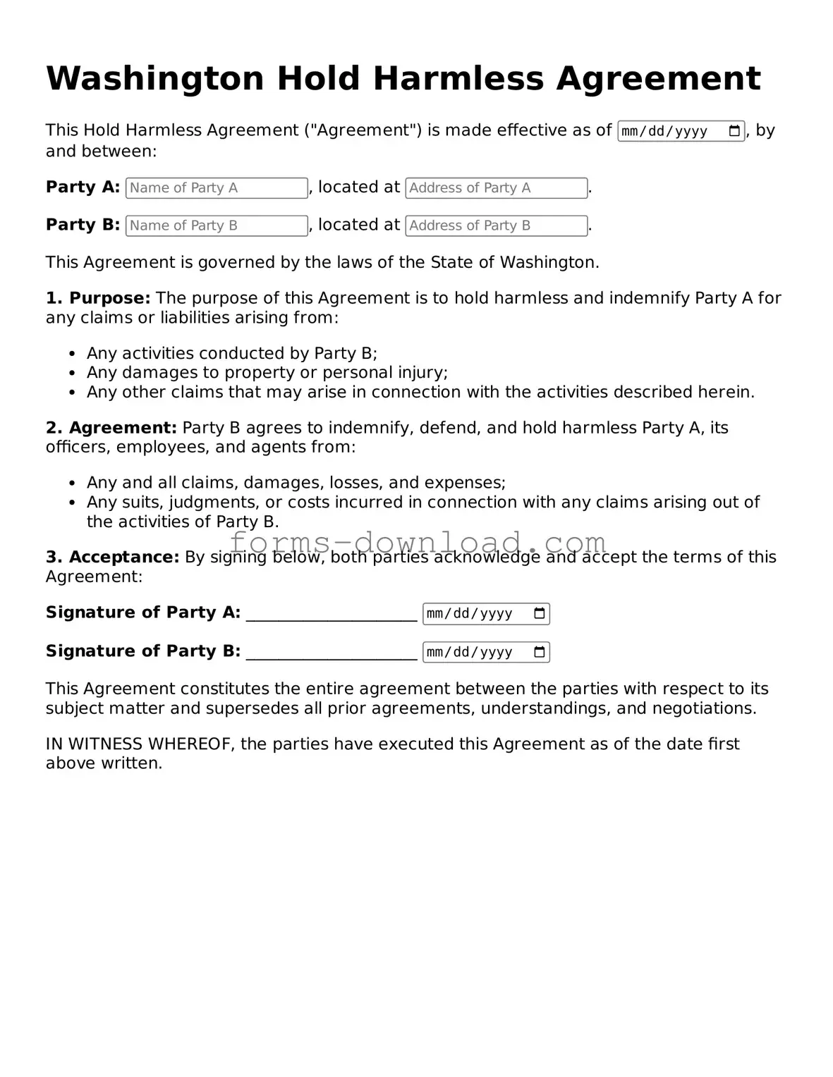 Attorney-Approved Hold Harmless Agreement Document for the State of Washington