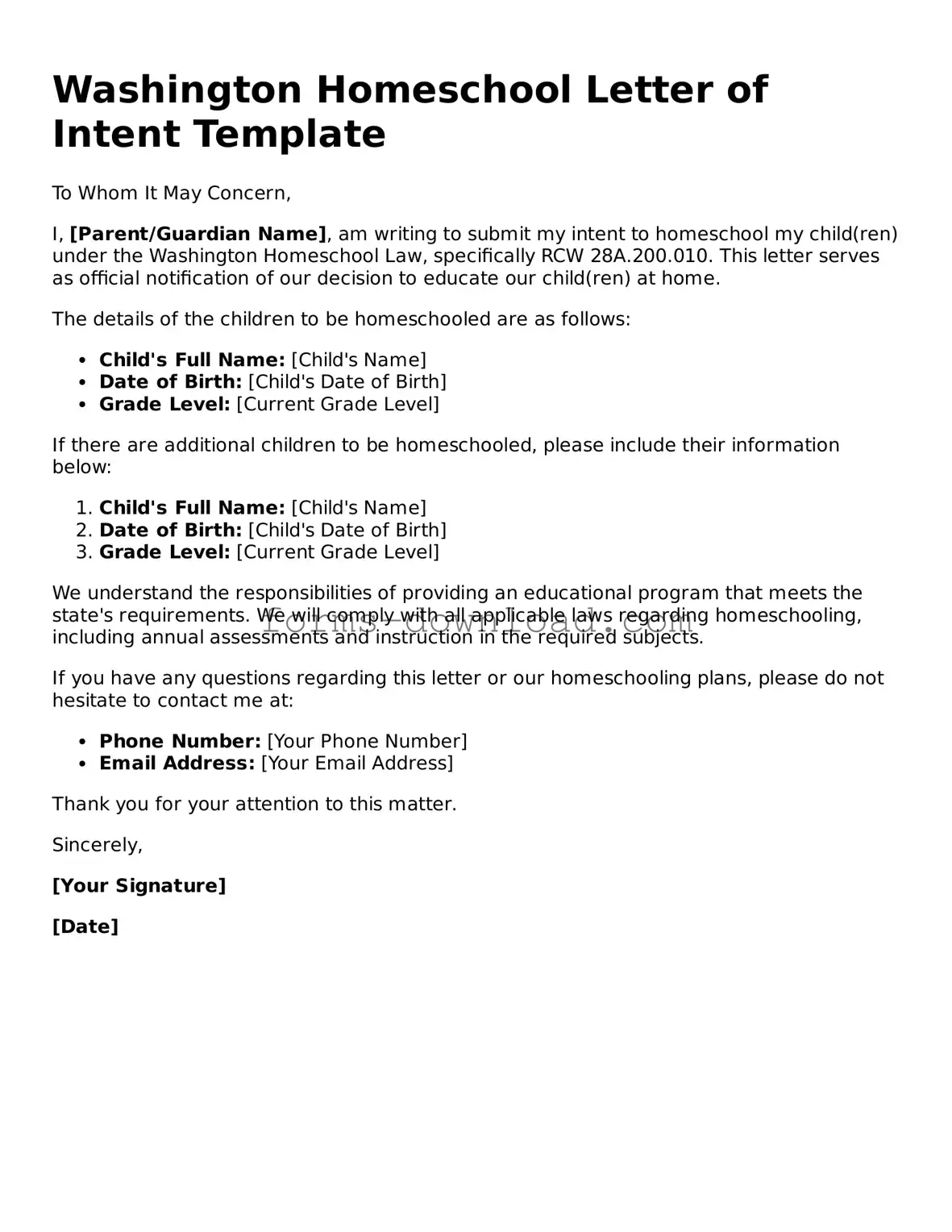 Attorney-Approved Homeschool Letter of Intent Document for the State of Washington