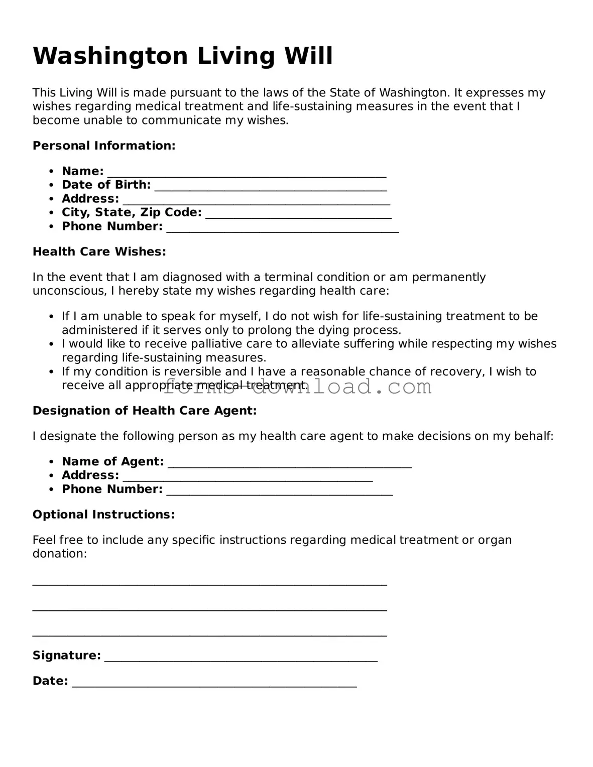 Attorney-Approved Living Will Document for the State of Washington