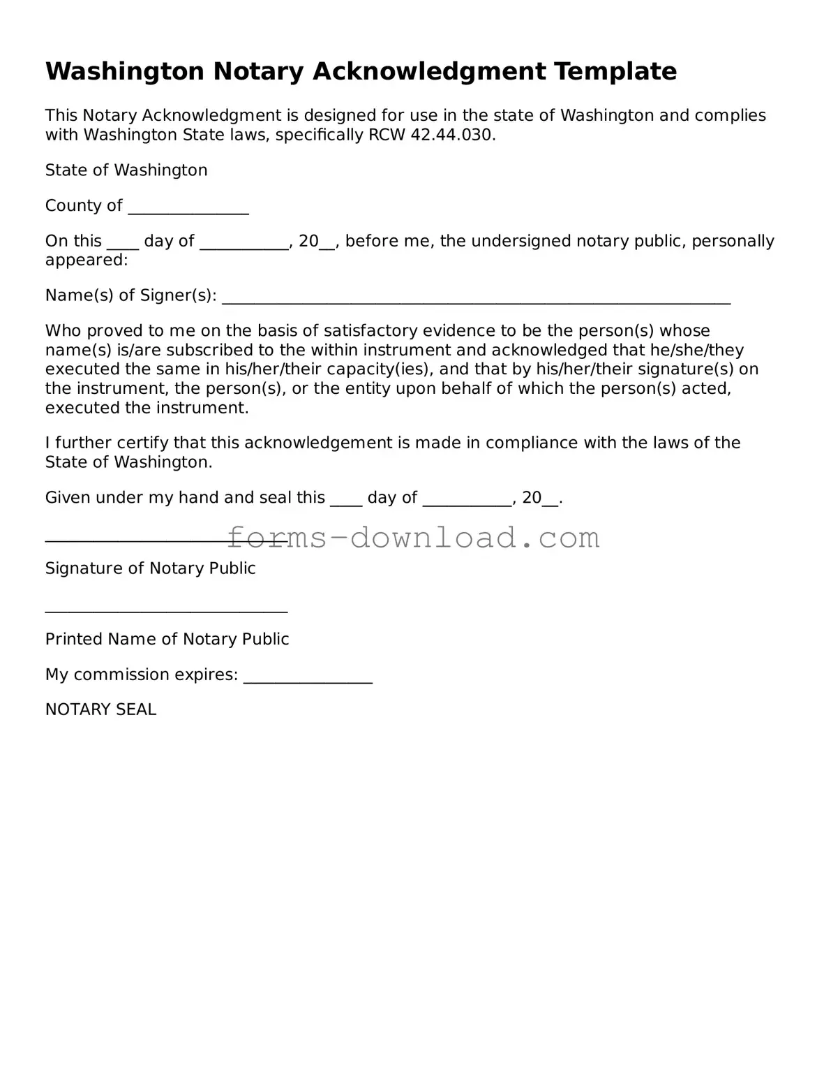 Attorney-Approved Notary Acknowledgement Document for the State of Washington