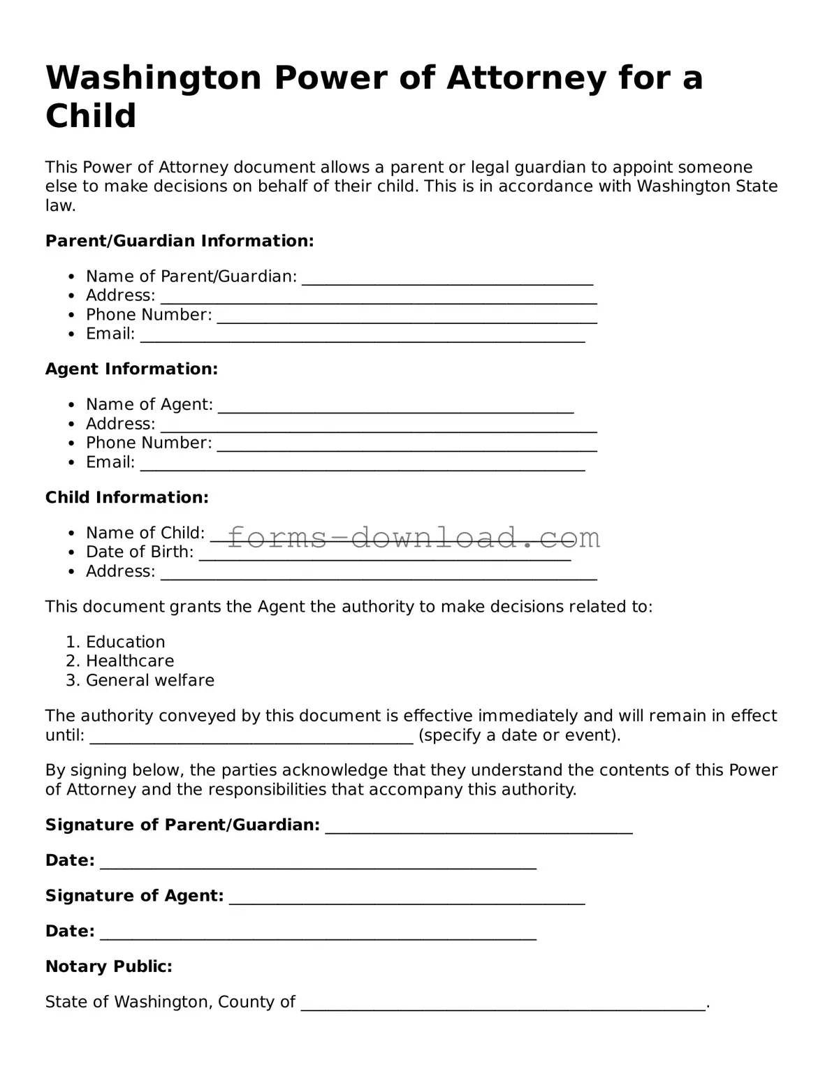 Attorney-Approved Power of Attorney for a Child Document for the State of Washington
