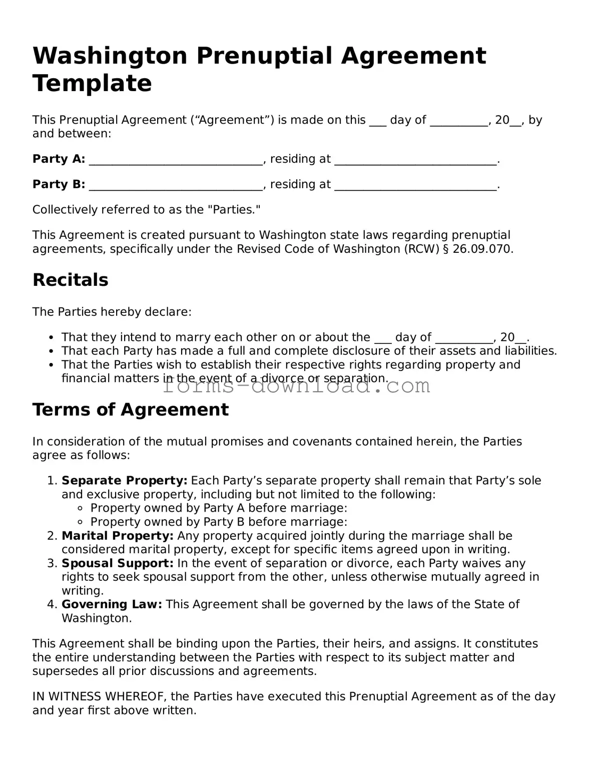 Attorney-Approved Prenuptial Agreement Document for the State of Washington