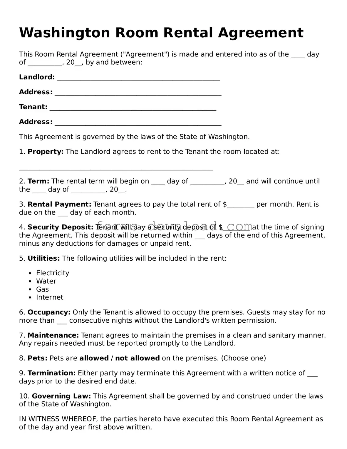 Attorney-Approved Room Rental Agreement Document for the State of Washington