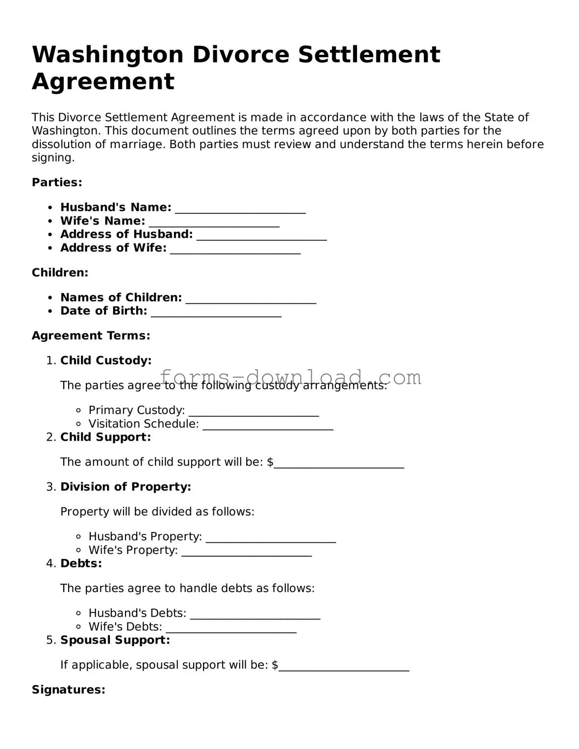Attorney-Approved Divorce Settlement Agreement Document for the State of Washington