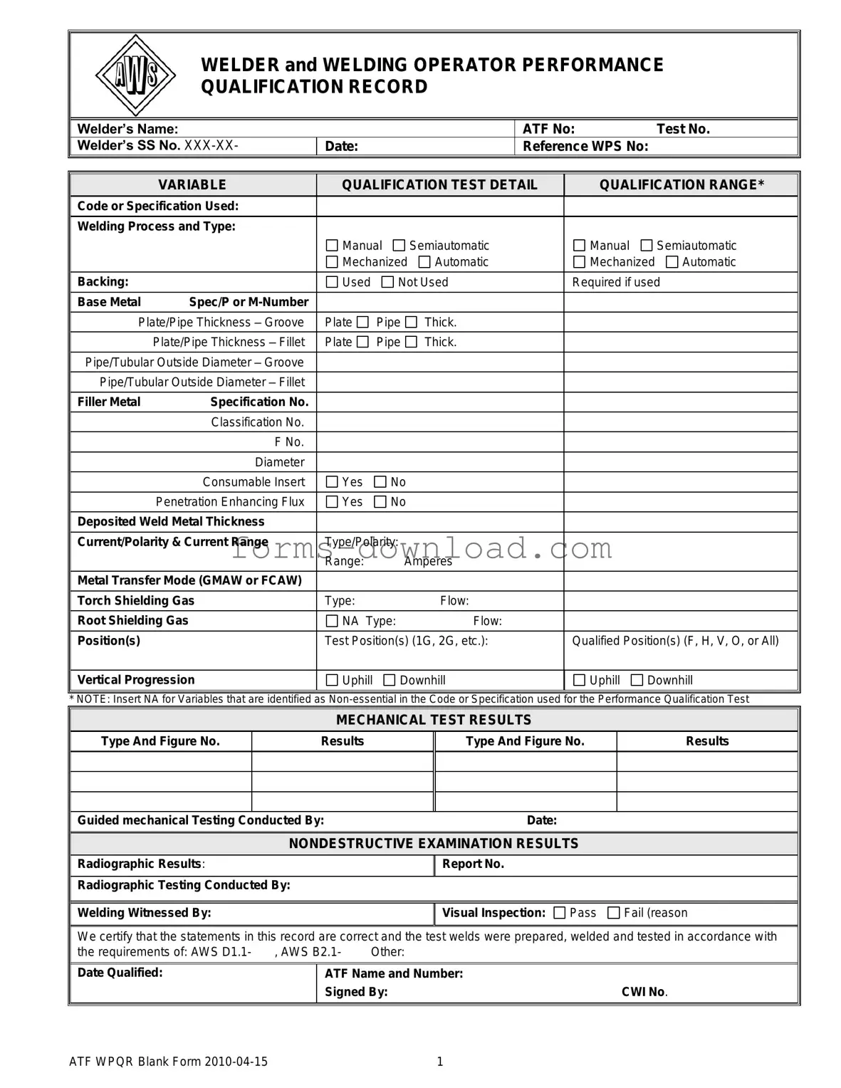 Blank Welder Performance Qualification Record Form