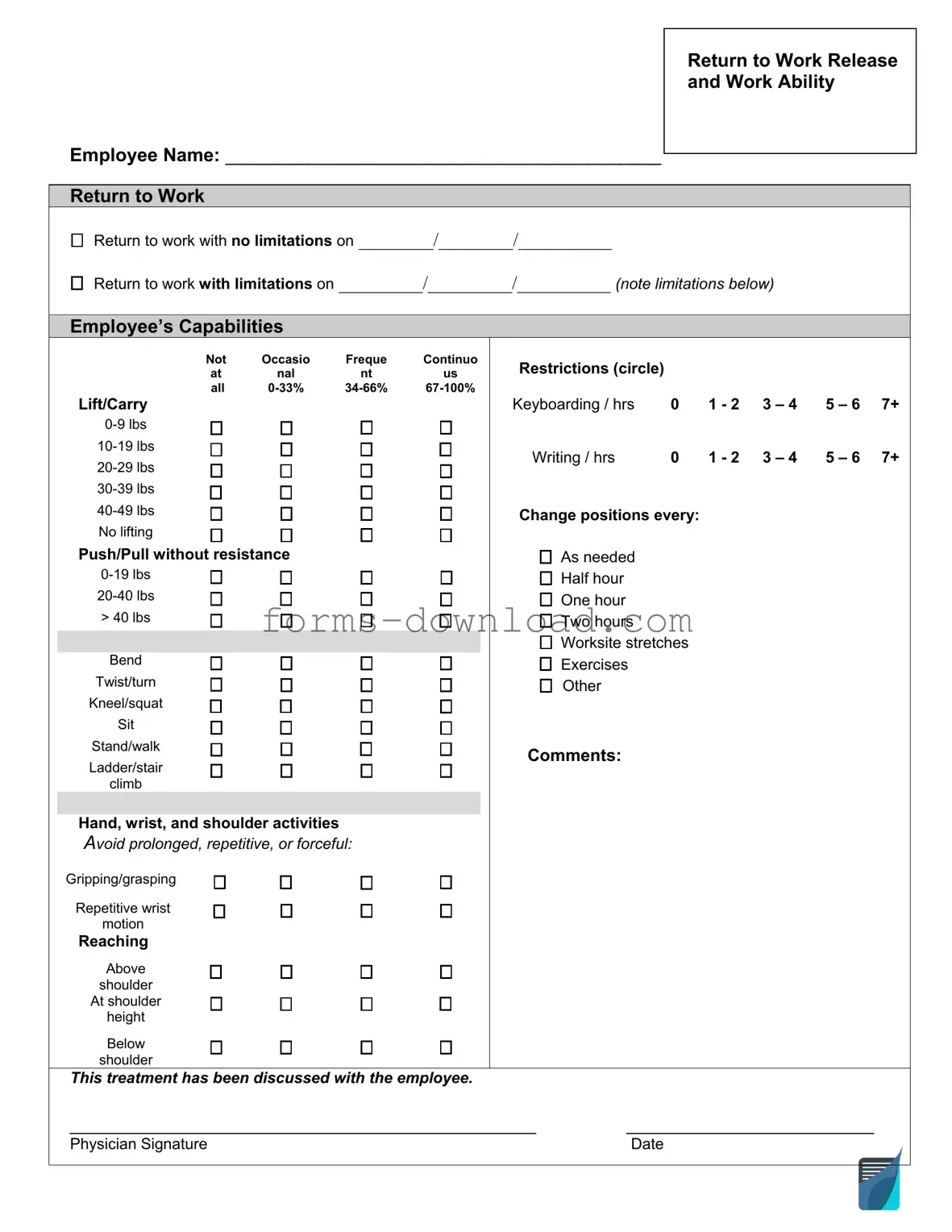 Blank Work Release Form