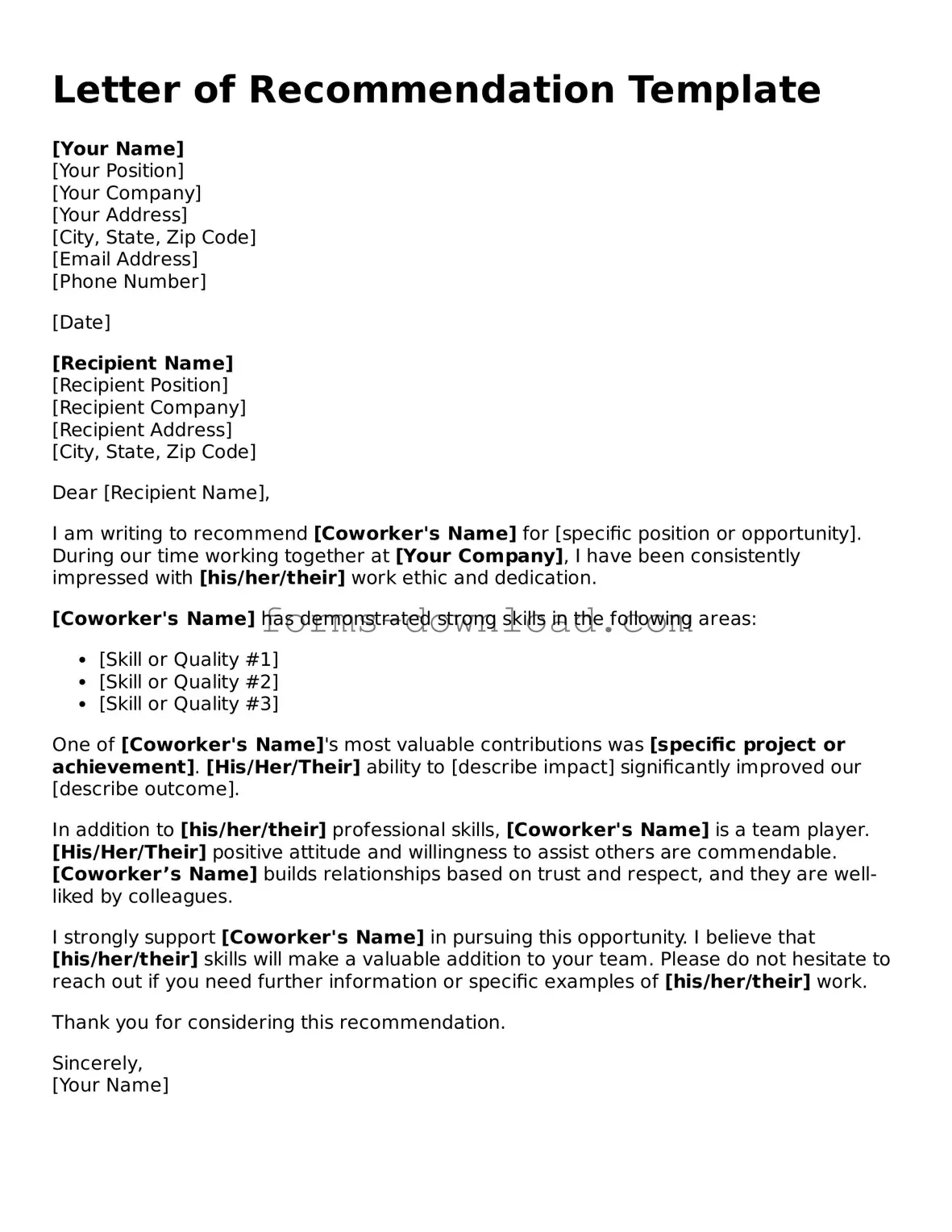 Fillable Letter of Recommendation for Coworker Form