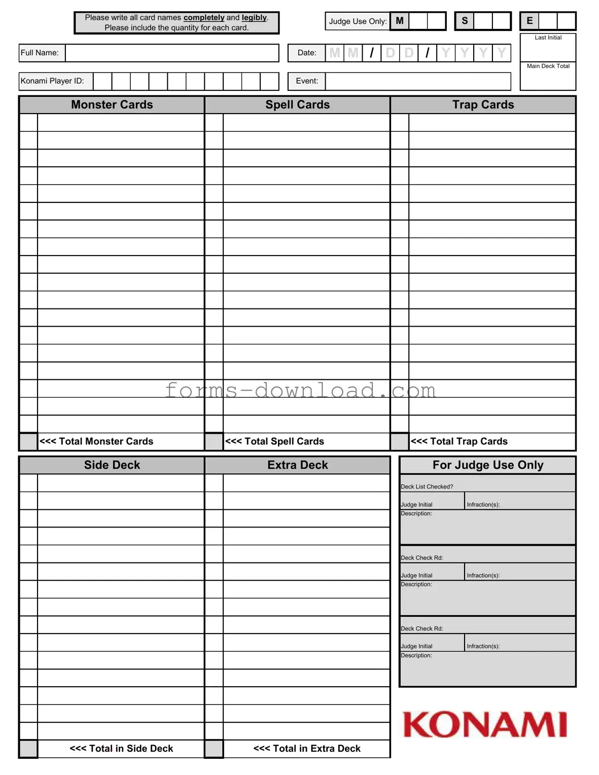 Blank Konami Decklist Form